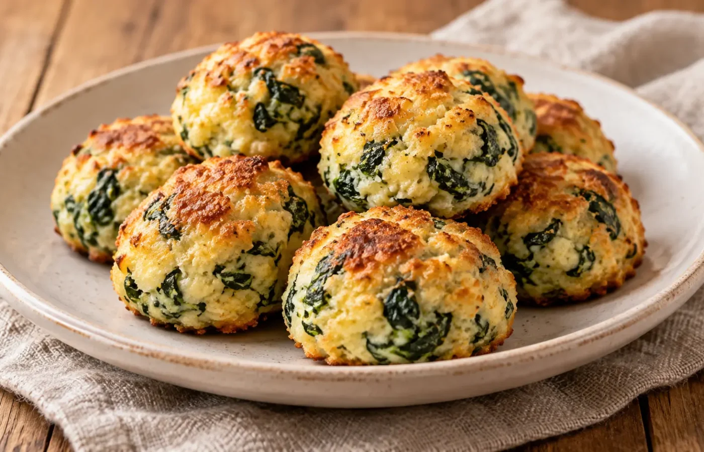 polpette dorate di ricotta e spinaci al forno, interno chiaro con frammenti verdi