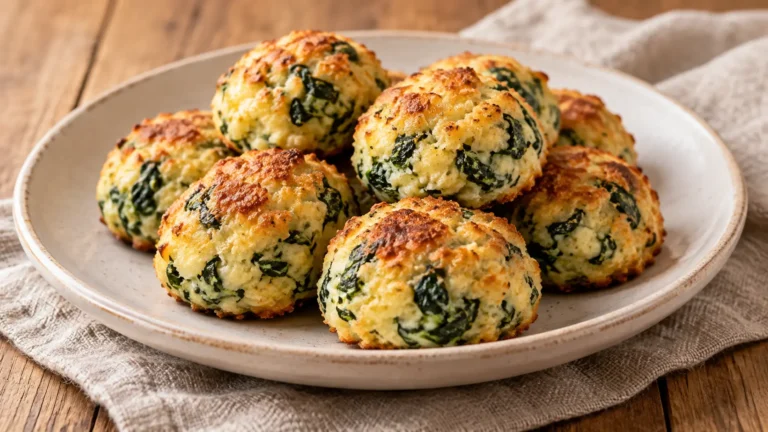 polpette dorate di ricotta e spinaci al forno, interno chiaro con frammenti verdi