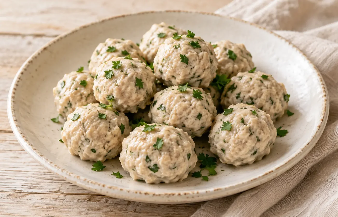 Piccole polpette di tacchino cotte al vapore, superficie chiara, prezzemolo verde, non dorate