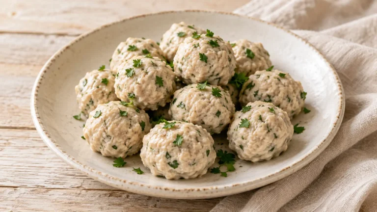 Piccole polpette di tacchino cotte al vapore, superficie chiara, prezzemolo verde, non dorate