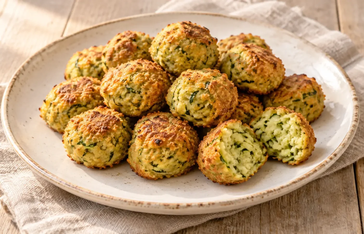 Piccole polpette dorate di zucchine al forno, interno verde chiaro