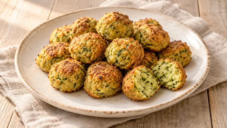 Piccole polpette dorate di zucchine al forno, interno verde chiaro