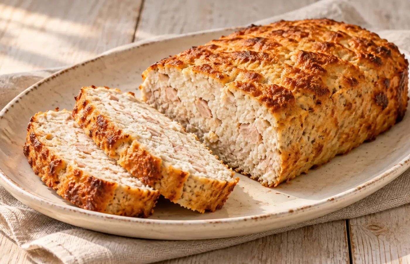 Polpettone di tonno e ricotta cotto al forno, tagliato a fette, crosta dorata e interno chiaro