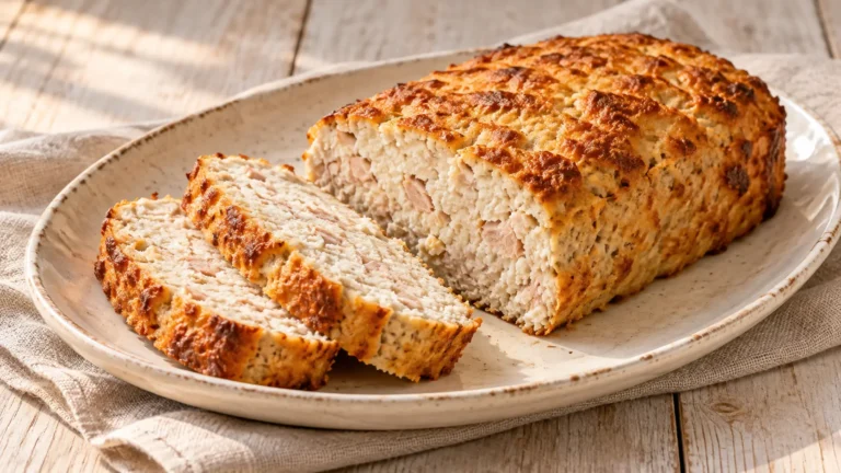 Polpettone di tonno e ricotta cotto al forno, tagliato a fette, crosta dorata e interno chiaro