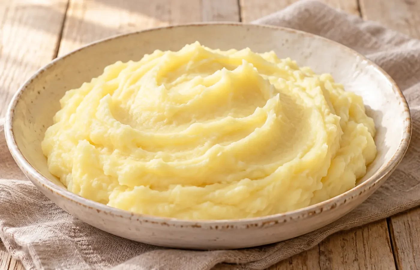 Purè di patate cremoso color avorio, piccole onde di superficie, senza erbe né condimenti aggiunti