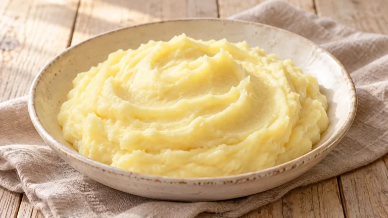 Purè di patate cremoso color avorio, piccole onde di superficie, senza erbe né condimenti aggiunti