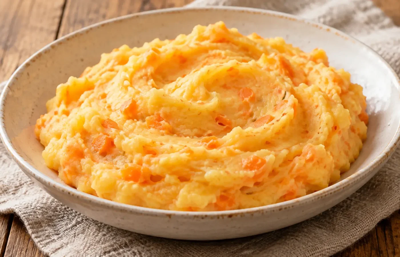 purè di patate e carote arancio chiaro cremoso, piccoli frammenti morbidi di carota visibili