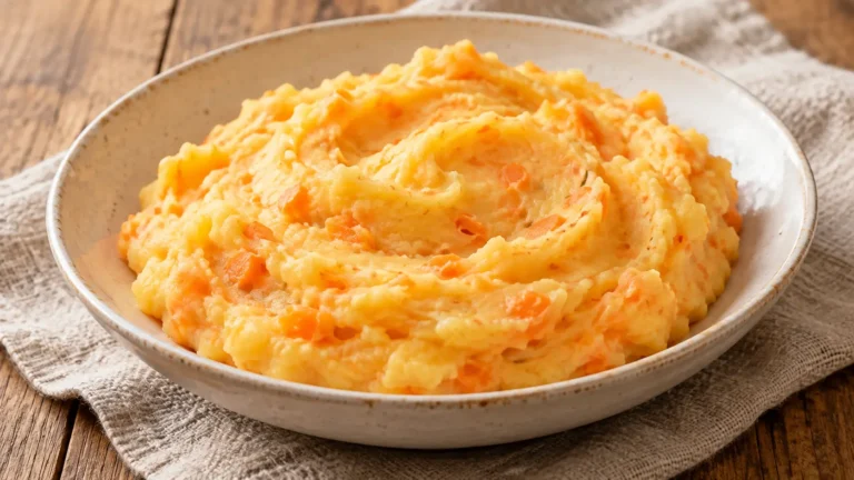 purè di patate e carote arancio chiaro cremoso, piccoli frammenti morbidi di carota visibili