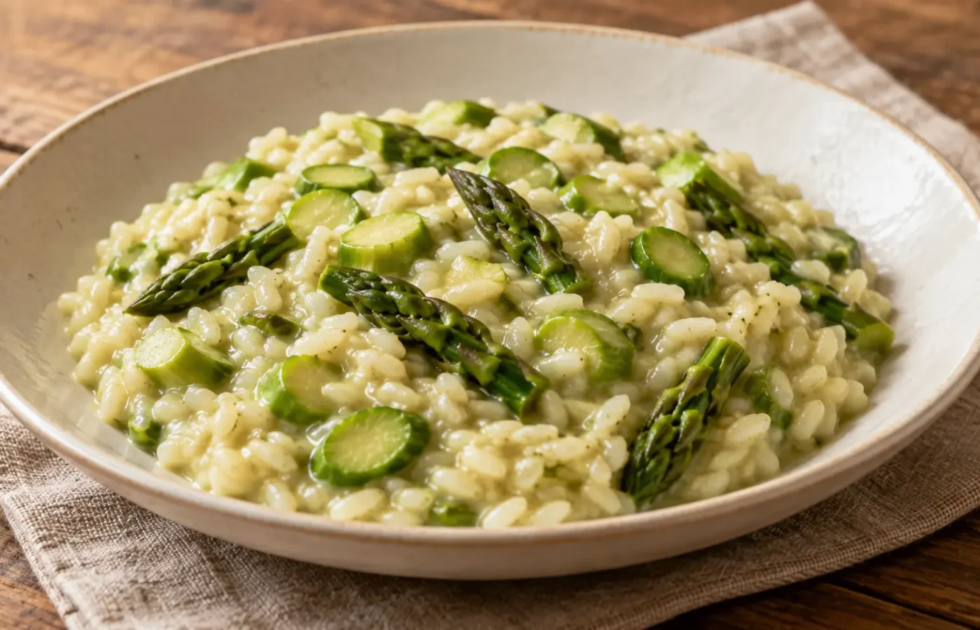 risotto cremoso con rondelle e punte di asparagi verdi