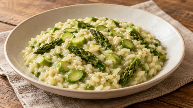 risotto cremoso con rondelle e punte di asparagi verdi