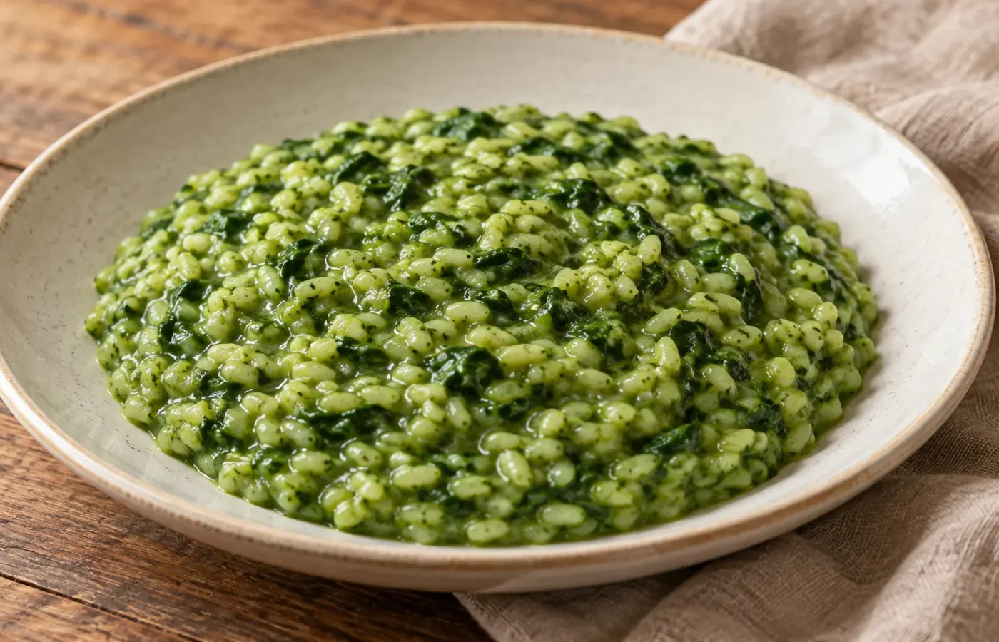 risotto verde agli spinaci con chicchi integri e piccoli frammenti di spinaci, senza guarnizioni