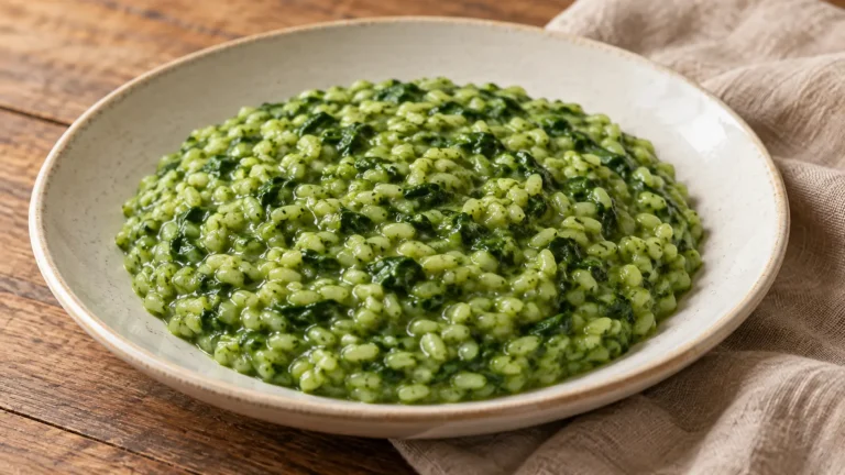 risotto verde agli spinaci con chicchi integri e piccoli frammenti di spinaci, senza guarnizioni
