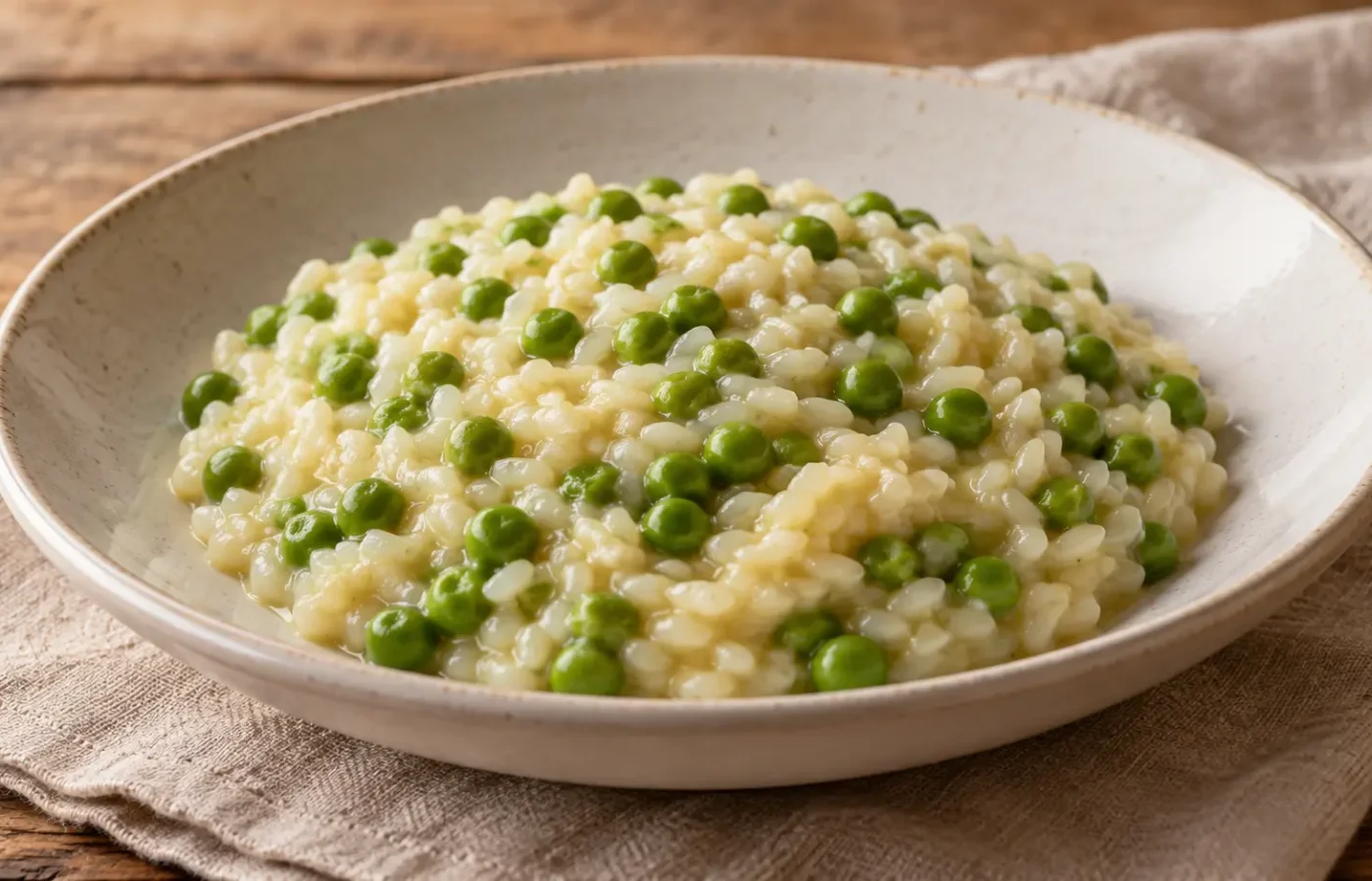 risotto morbido con piselli verdi interi