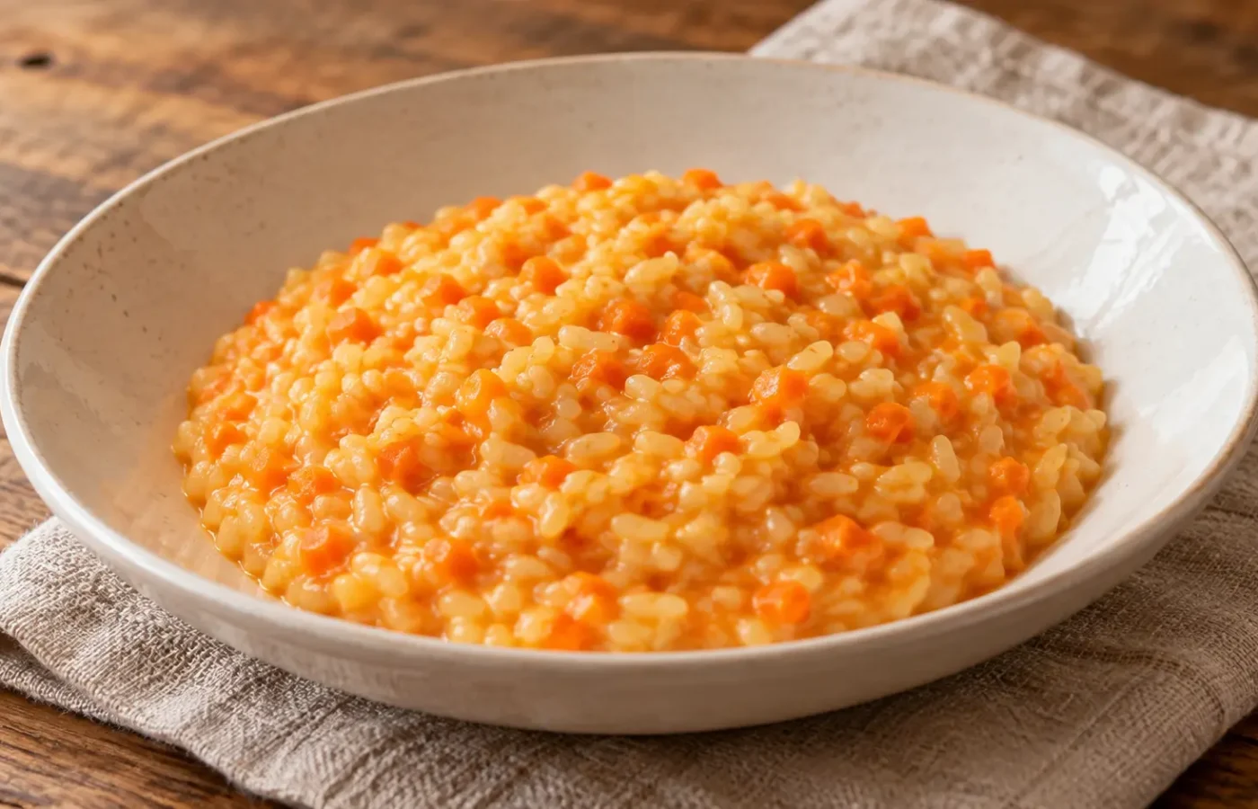risotto dal colore arancio chiaro con piccoli frammenti di carota