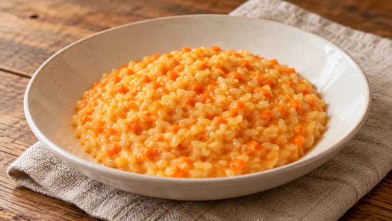 risotto dal colore arancio chiaro con piccoli frammenti di carota