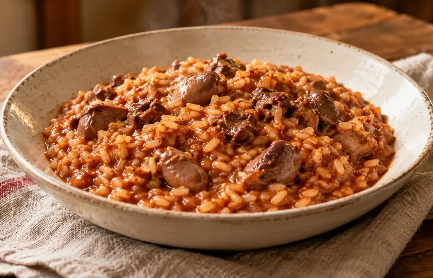 Risotto al pomodoro con durelli, cuori e fegatini di pollo servito in una fondina di ceramica