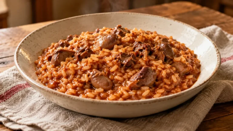 Risotto al pomodoro con durelli, cuori e fegatini di pollo servito in una fondina di ceramica