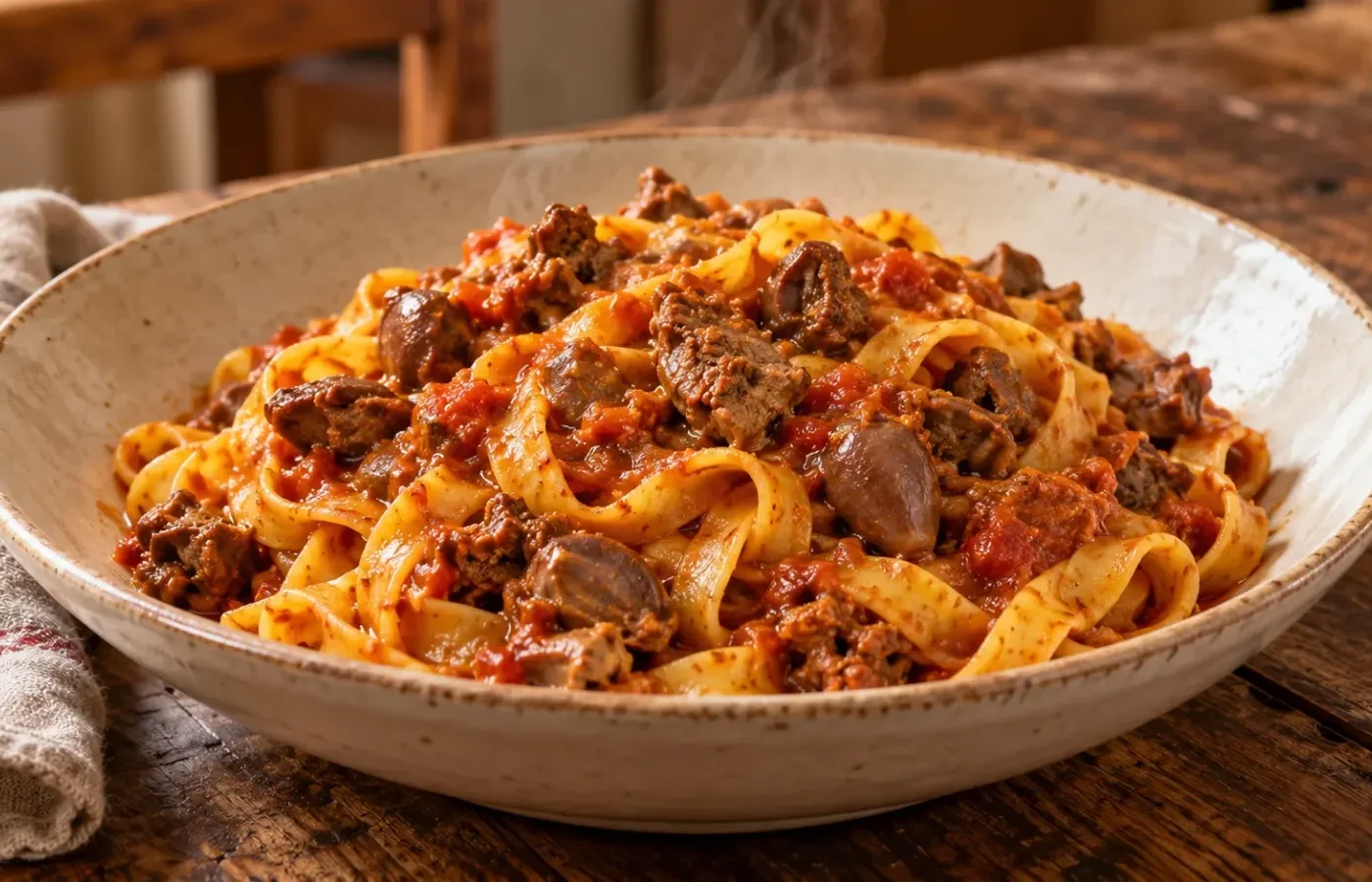 Tagliatelle all'uovo condite con ragù di rigaglie di pollo al pomodoro, con pezzetti di durelli, cuori e fegatini.