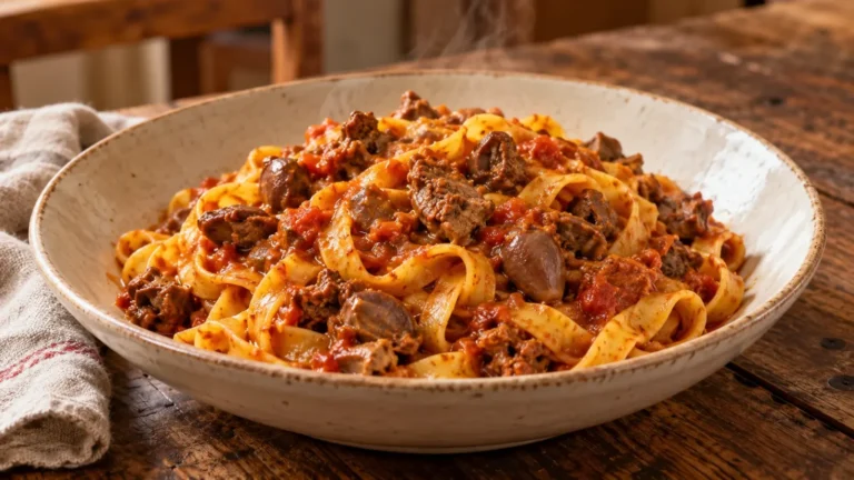 Tagliatelle all'uovo condite con ragù di rigaglie di pollo al pomodoro, con pezzetti di durelli, cuori e fegatini.