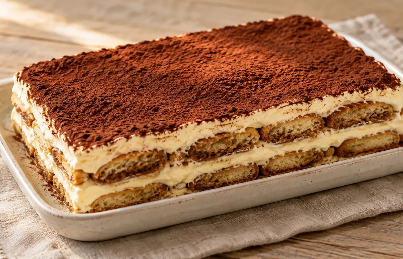 Tiramisù rettangolare a strati, una porzione con savoiardi al caffè e crema chiara, cacao amaro in superficie
