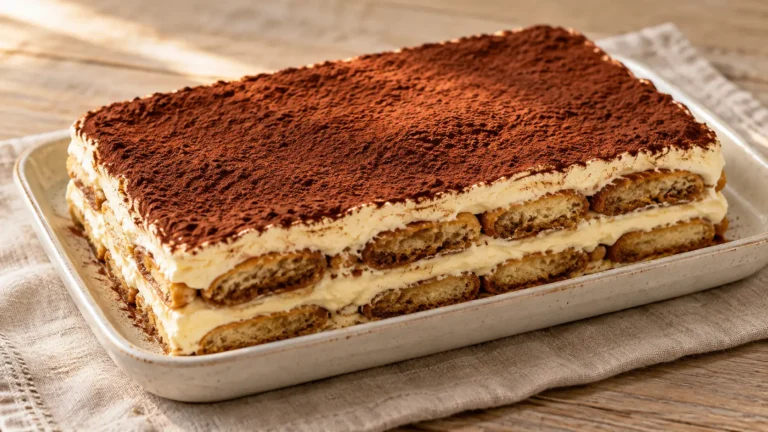 Tiramisù rettangolare a strati, una porzione con savoiardi al caffè e crema chiara, cacao amaro in superficie