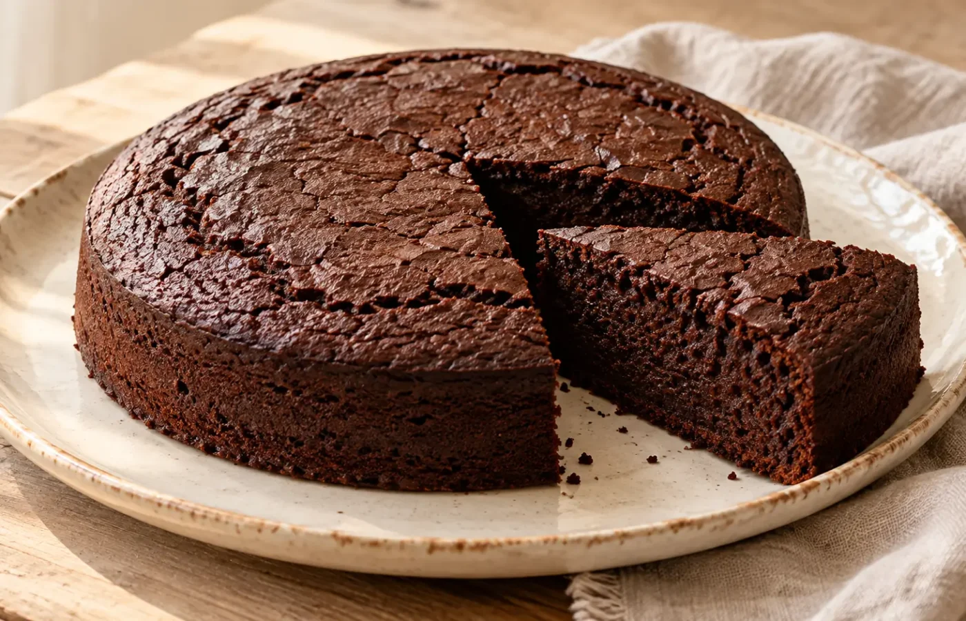 Torta al cioccolato scura rotonda con fetta tagliata, senza glassa né zucchero a velo