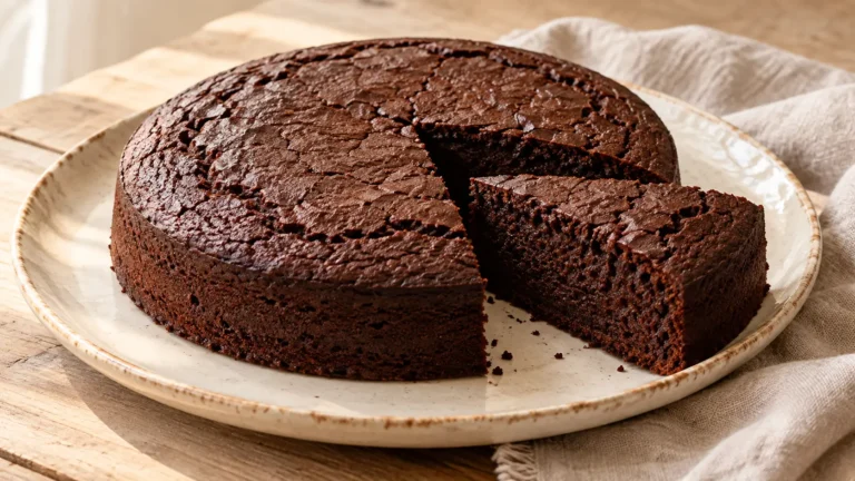 Torta al cioccolato scura rotonda con fetta tagliata, senza glassa né zucchero a velo