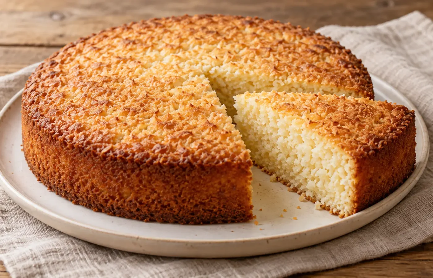 torta rotonda al cocco con una fetta tagliata, mollica chiara leggermente granulosa, nessuna copertura