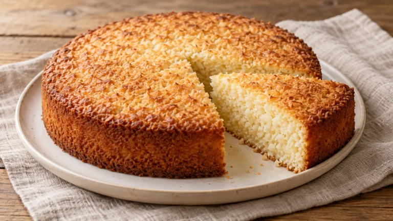 torta rotonda al cocco con una fetta tagliata, mollica chiara leggermente granulosa, nessuna copertura