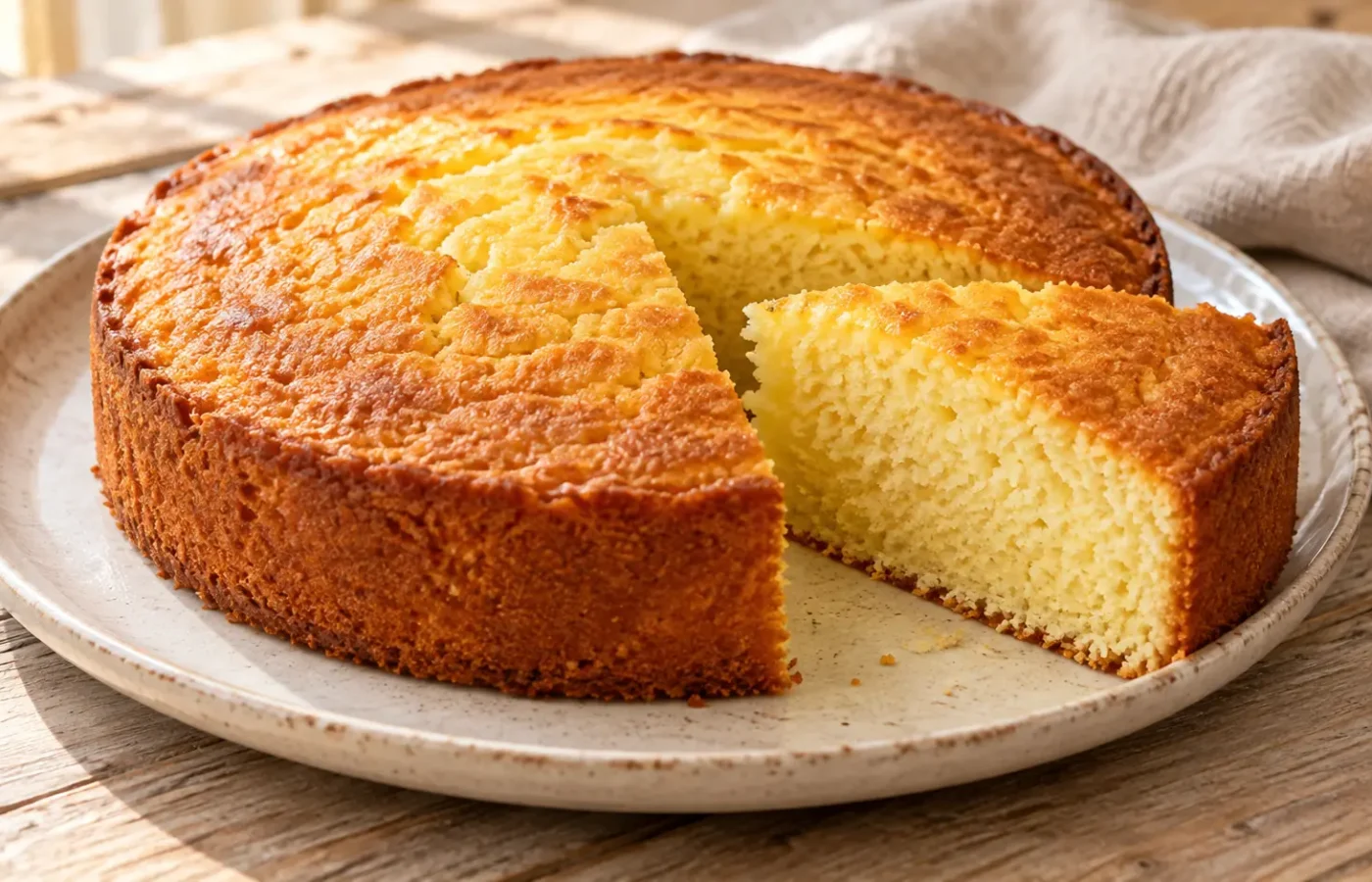 Torta rotonda al limone dorata con fetta tagliata e mollica giallo chiaro, senza glassa