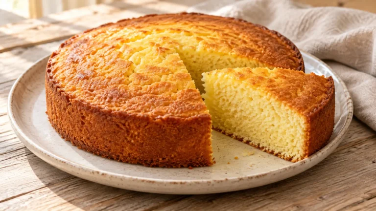 Torta rotonda al limone dorata con fetta tagliata e mollica giallo chiaro, senza glassa
