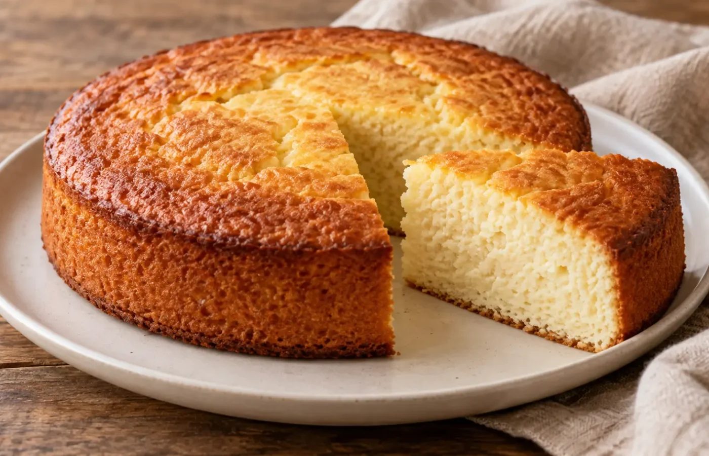torta rotonda soffice alla ricotta, una fetta chiara tagliata, senza decorazioni