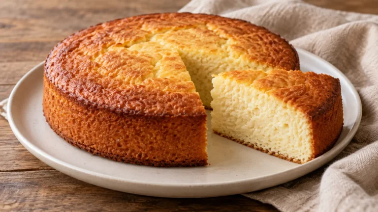 torta rotonda soffice alla ricotta, una fetta chiara tagliata, senza decorazioni
