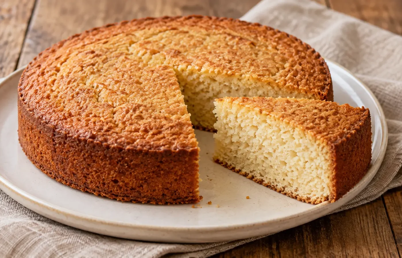 torta rotonda alle mandorle senza copertura, una fetta con mollica chiara finemente granulosa