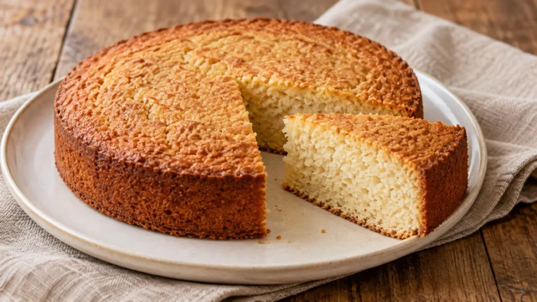 torta rotonda alle mandorle senza copertura, una fetta con mollica chiara finemente granulosa