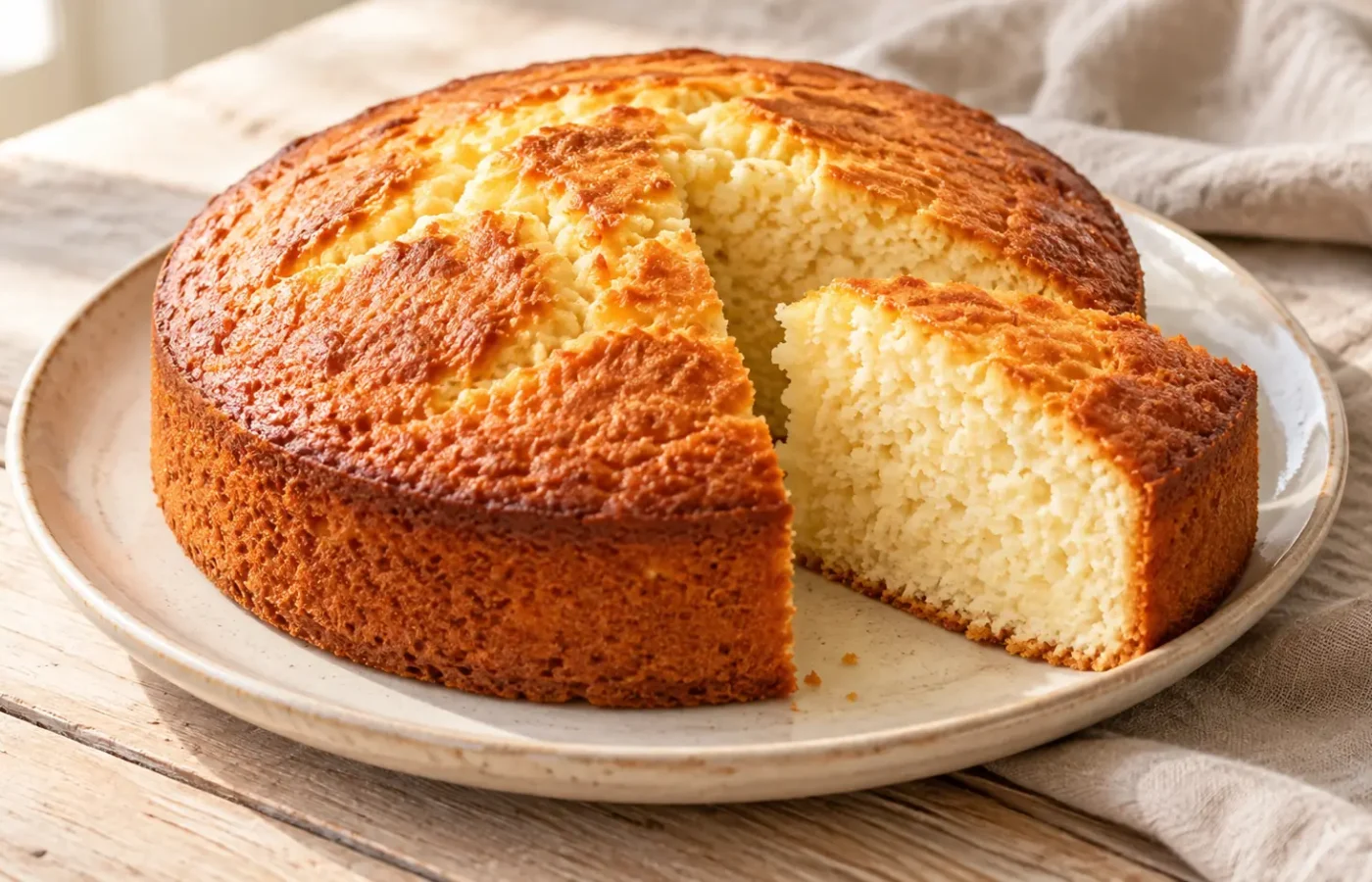 Torta allo yogurt rotonda dorata con fetta e mollica soffice chiara