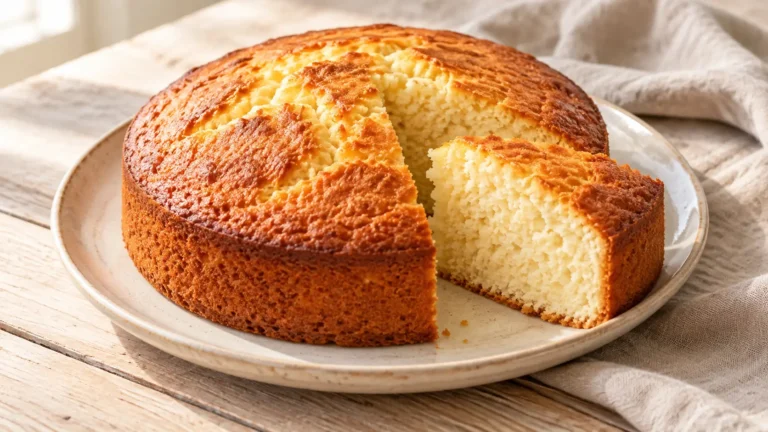 Torta allo yogurt rotonda dorata con fetta e mollica soffice chiara