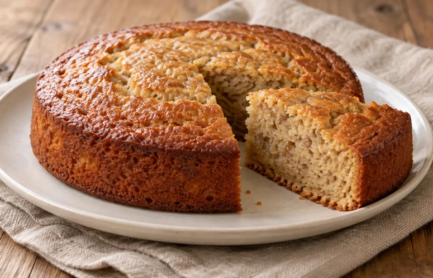 torta rotonda di banane senza copertura, una fetta umida color beige tagliata