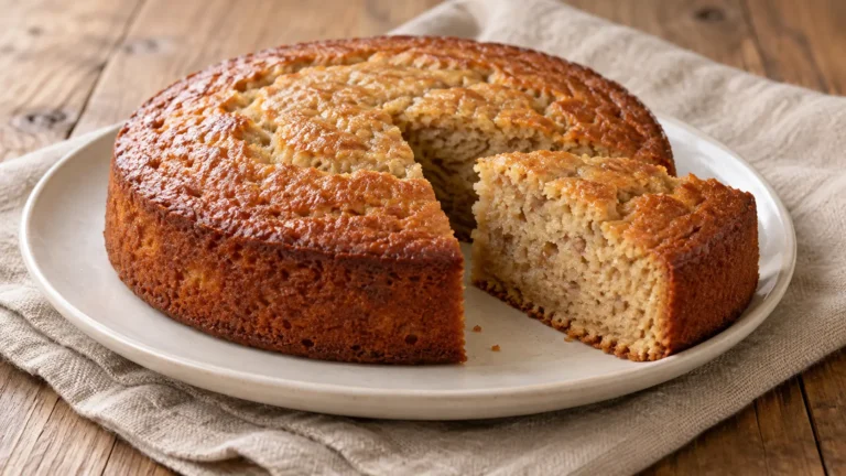 torta rotonda di banane senza copertura, una fetta umida color beige tagliata