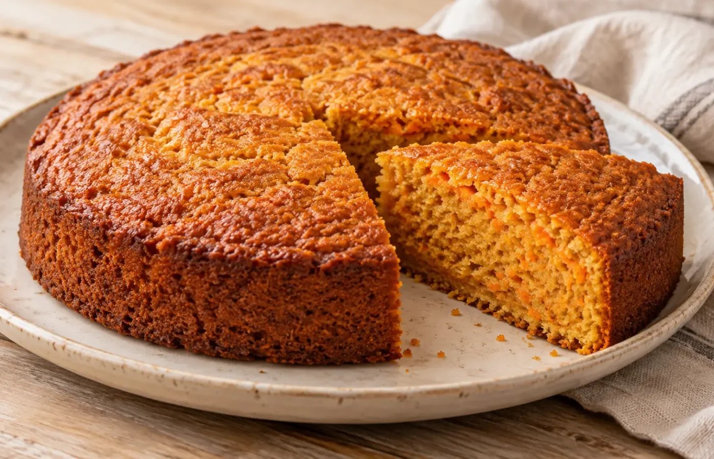 Torta rotonda di carote dorata con fetta e mollica arancione tenue, senza frosting