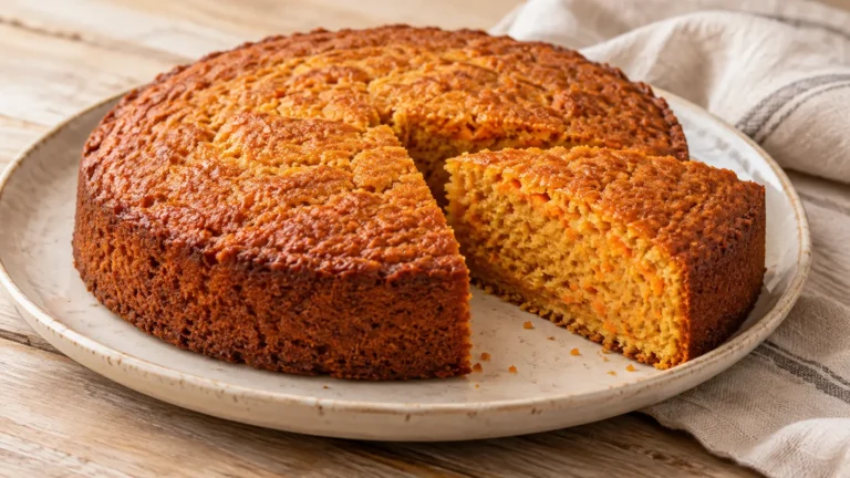 Torta rotonda di carote dorata con fetta e mollica arancione tenue, senza frosting