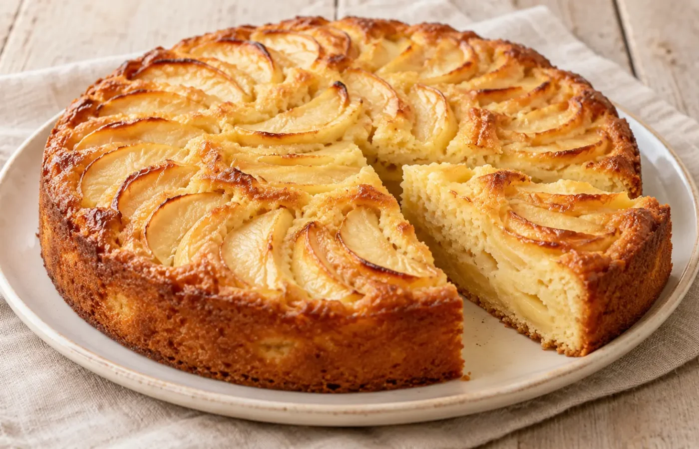 Torta rotonda di mele dorata con fettine di mela visibili sulla superficie, una fetta tagliata, senza zucchero a velo