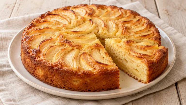 Torta rotonda di mele dorata con fettine di mela visibili sulla superficie, una fetta tagliata, senza zucchero a velo