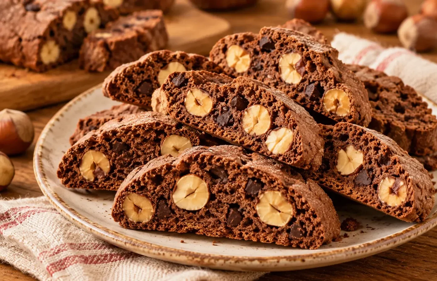 Tozzetti al cacao tagliati in diagonale con nocciole intere e scaglie di cioccolato visibili all'interno, su un piatto di ceramica.