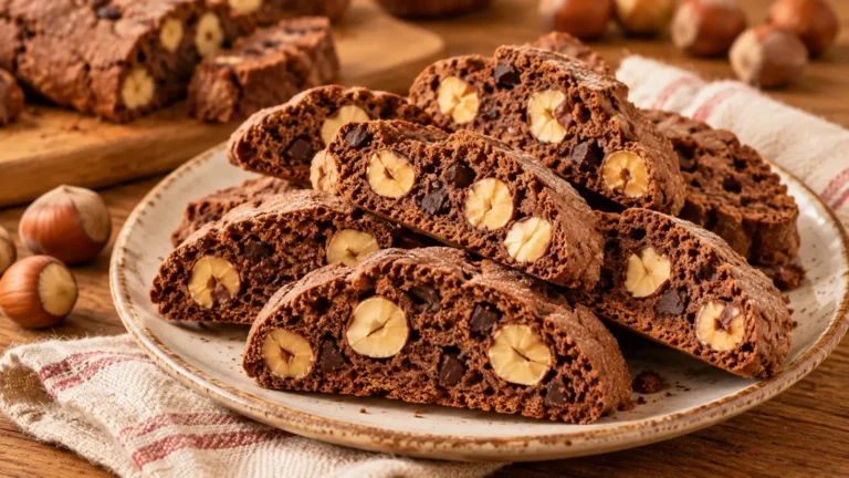Tozzetti al cacao tagliati in diagonale con nocciole intere e scaglie di cioccolato visibili all'interno, su un piatto di ceramica.