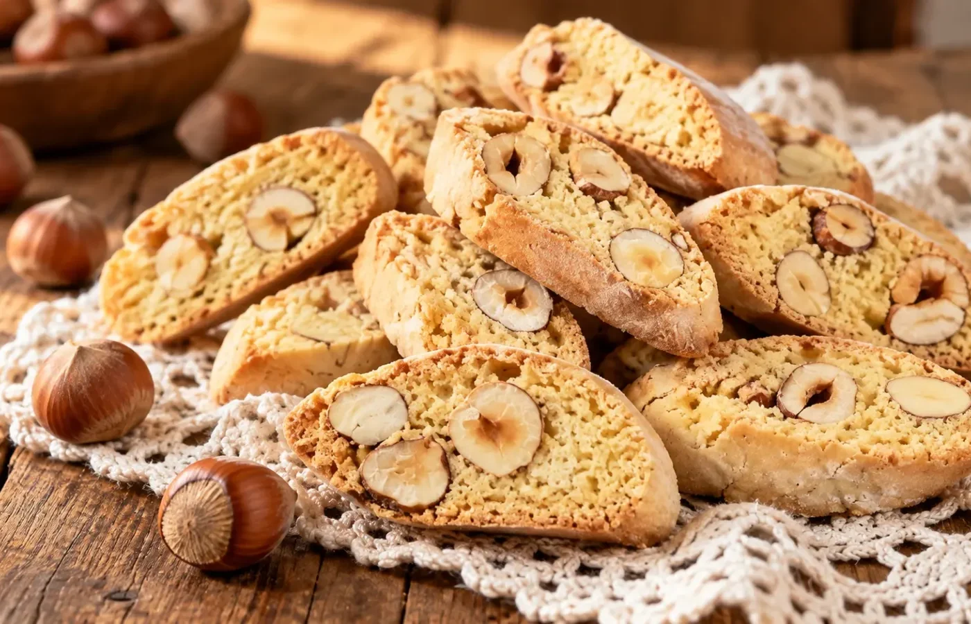 Tozzetti dorati tagliati in diagonale con nocciole intere visibili, serviti su un piatto di ceramica rustica.