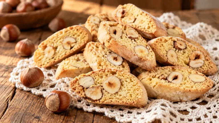 Tozzetti dorati tagliati in diagonale con nocciole intere visibili, serviti su un piatto di ceramica rustica.