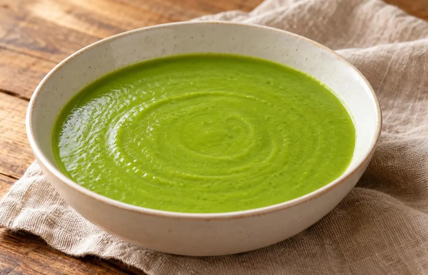 vellutata verde brillante di piselli, liscia senza guarnizioni