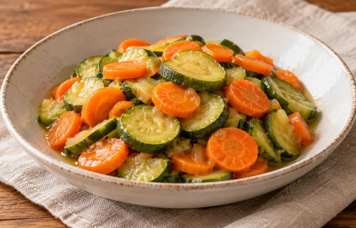 rondelle di zucchine verdi e carote arancioni stufate, morbide e umide senza rosolatura