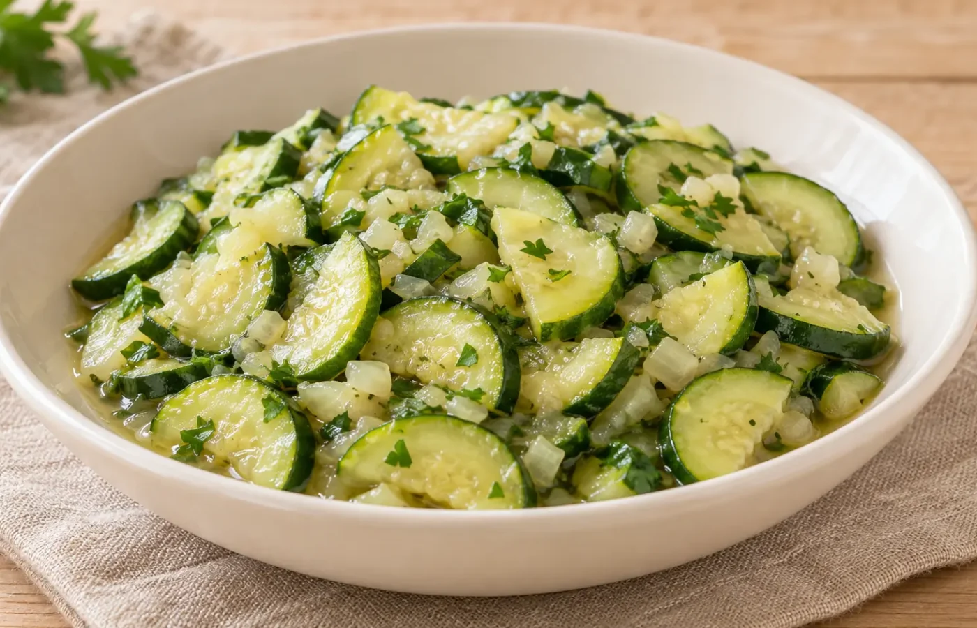 Zucchine cotti con piccoli pezzi di cipolla, prezzemolo tritato